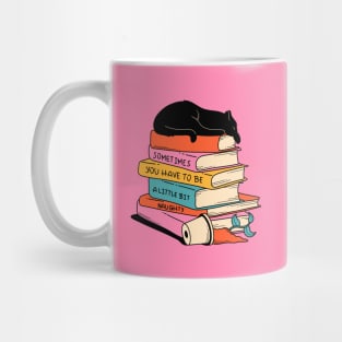 Books and Plant Black Cat in pink Mug